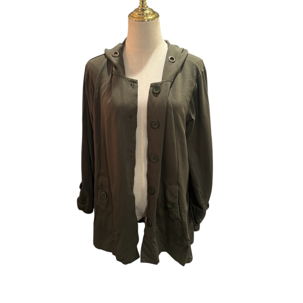 Christian Siriano NY Women Olive Green Hooded Button Front Cardigan Jacket 2X